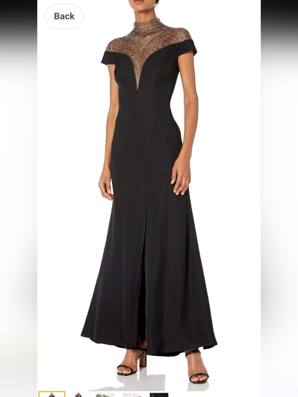 Tadashi Shoji Black Cap Sleeve Gown With Beaded Neck. Size 10